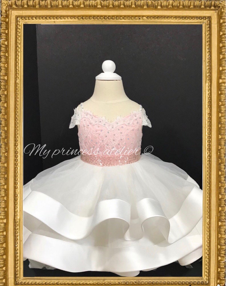 Blush white flower girl dress/ pink first birthday dress/ blush pageant dress/ princess birthday dress/ couture dress/ crystal princess dres