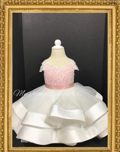 Blush white flower girl dress/ pink first birthday dress/ blush pageant dress/ princess birthday dress/ couture dress/ crystal princess dres