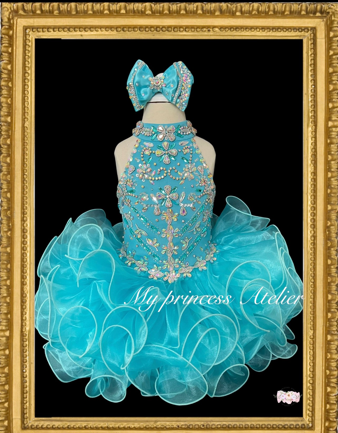 Girl turquoise pageant dress, girl first birthday pageant princess flower girl dress.