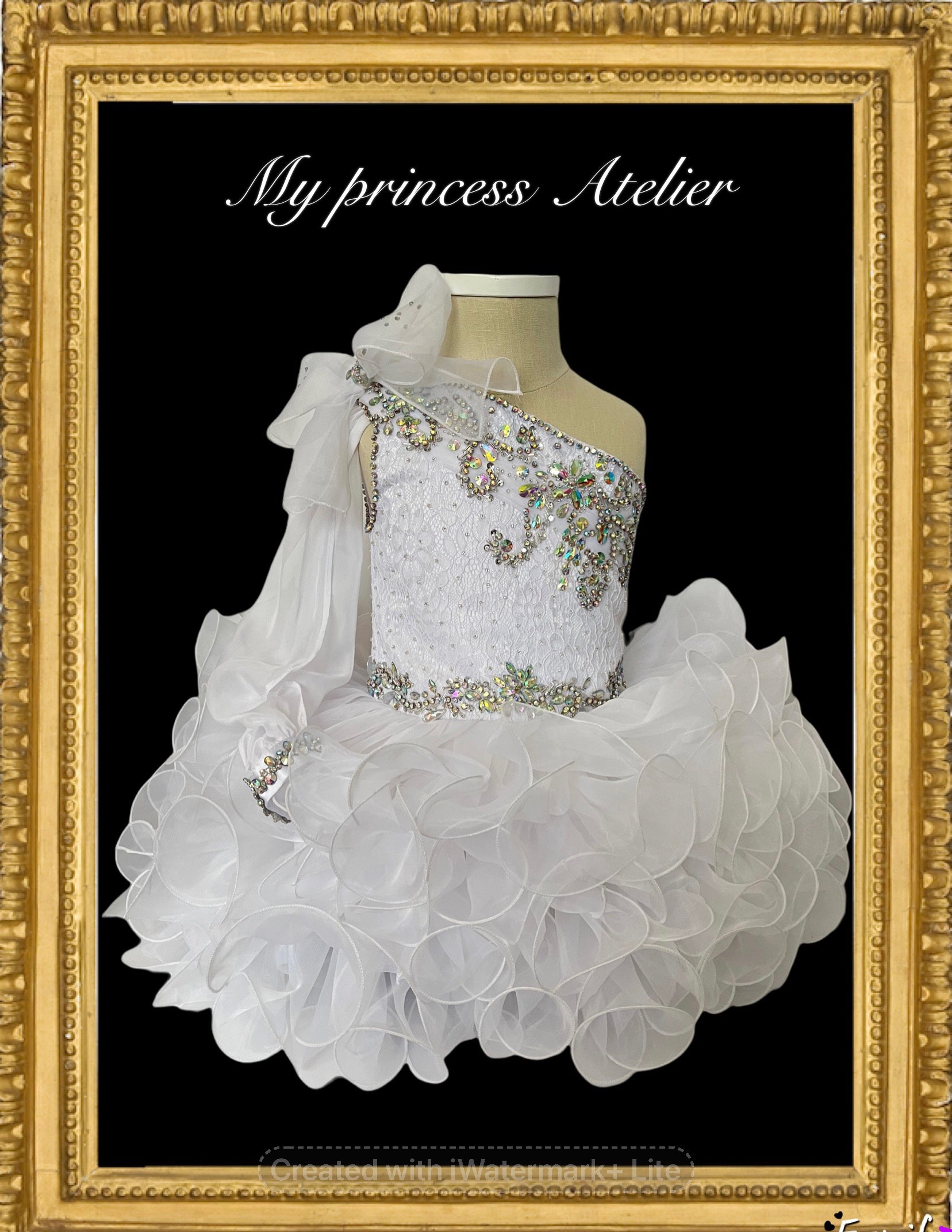 Girl white glitz princess cupcake pageant dress.
