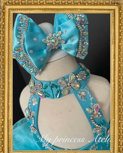 Girl turquoise pageant dress, girl first birthday pageant princess flower girl dress.